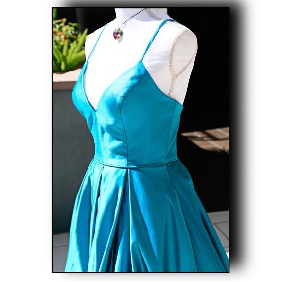 Evening Gown – Blondie Nites – Teal – Satin Ball Gown Lace‑Up Back w/ Pockets 3 - Picture 8 of 16